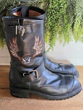 Jack Daniel's Black Leather Motorcycle Biker Boots Size 11 D